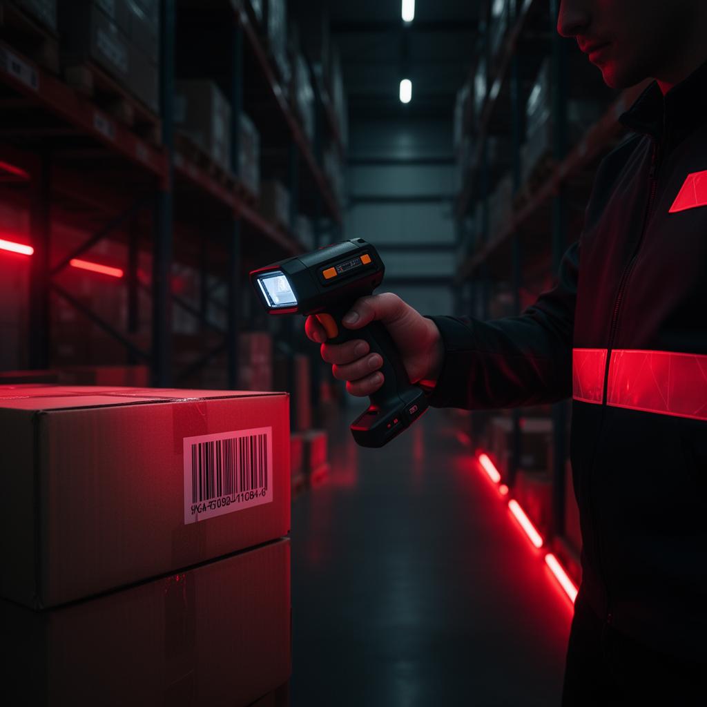 Warehouse worker holding a malfunctioning Zebra barcode scanner that has stopped reading labels