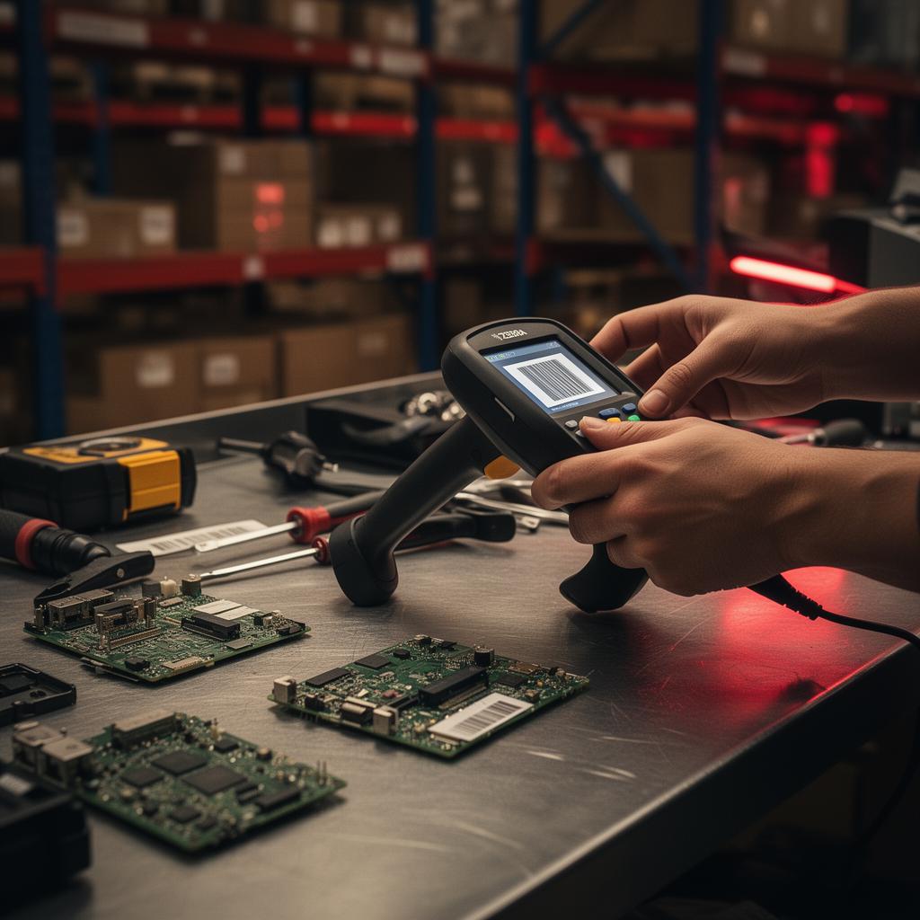 Experienced technician repairing an industrial Zebra barcode scanner at the Red Barcode Planet Wheeling IL workbench